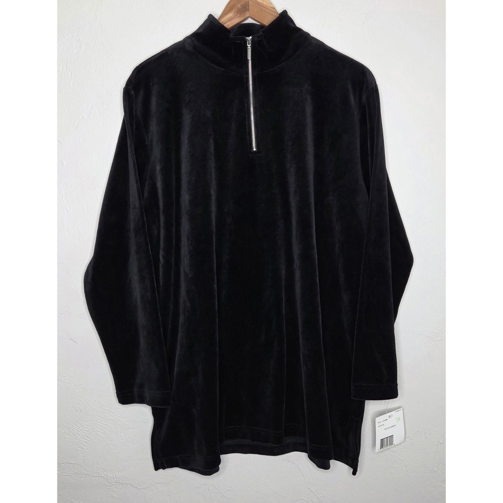 *NEW w/Tag Elisabeth Liz Claiborne Women's Size 1X Black Velour 1/4 Zip Top Soft